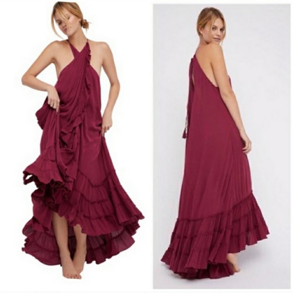 Free People Tiered Summer Wrap Around Ruffle Maxi Dress Red Berry Size XS - Picture 8 of 9